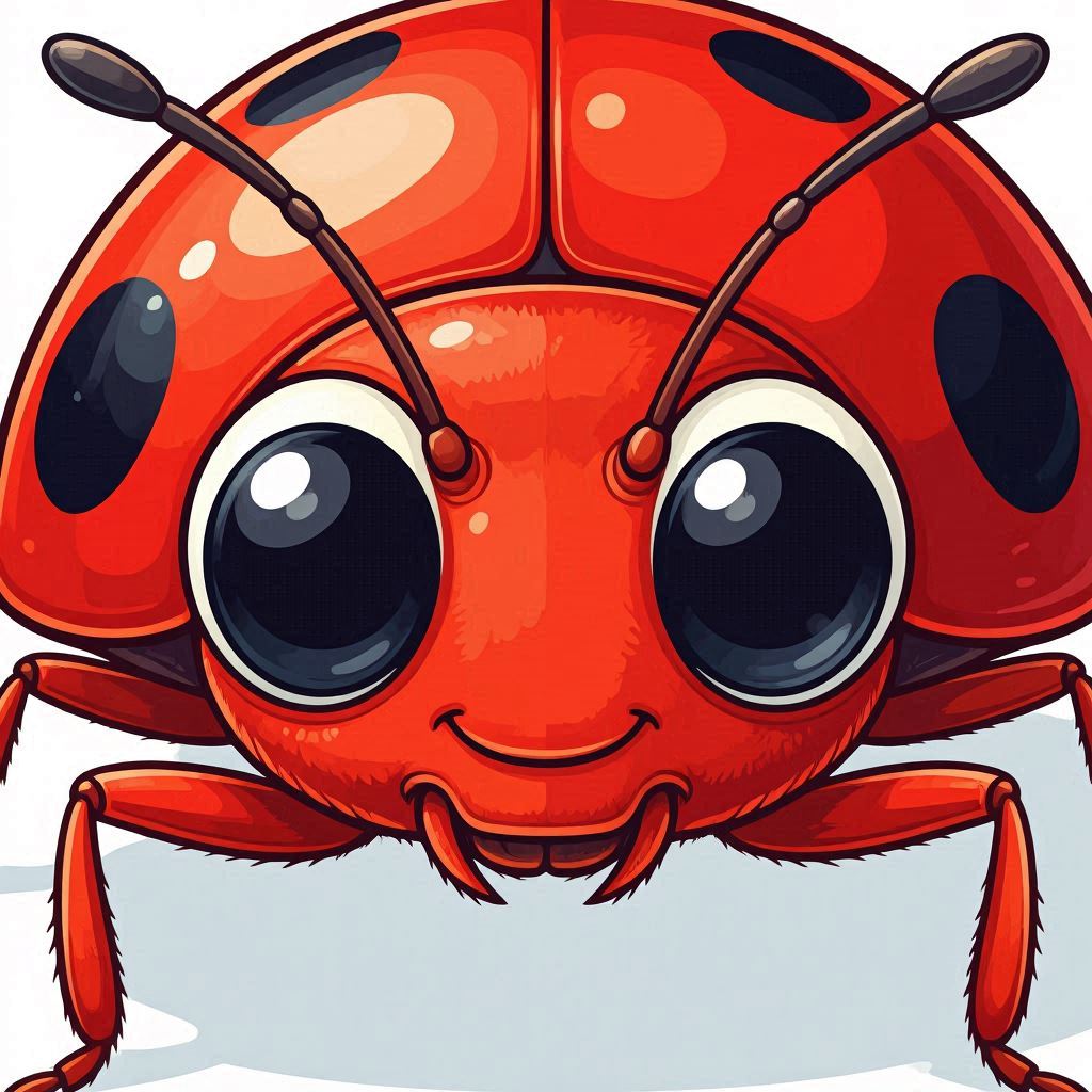 A close-up view of a ladybug’s face with oversized eyes, tiny smile, and detailed antennae, red shell with polished black spots, vector illustration with smooth gradients, isolated on transparent background.