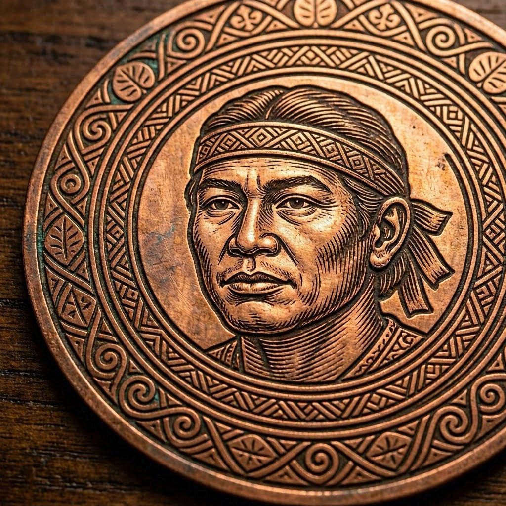 An intricate etched copper plate artwork depicting Prince Jonah Kuhio Kalanianaole’s face surrounded by ornate Polynesian patterns, deep shadows creating dramatic relief, warm metallic tones enhanced by directional spotlighting, macro photography revealing fine engraving details.