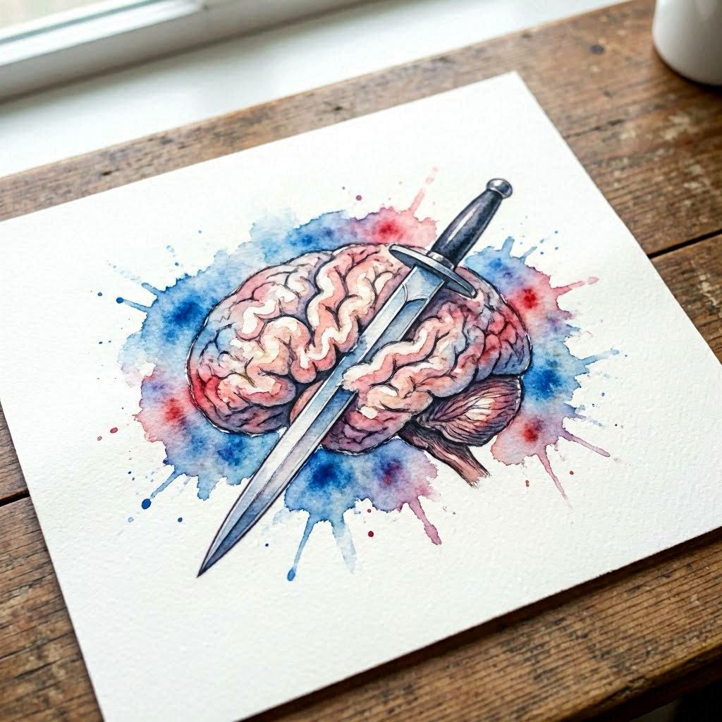 A delicate watercolor tattoo design of a brain intersected by a slender dagger, splashes of cobalt blue and crimson bleeding into the paper texture, soft ambient daylight, loose brushstroke edges, photographed flat-lay with a 35mm lens for artisanal detail.
