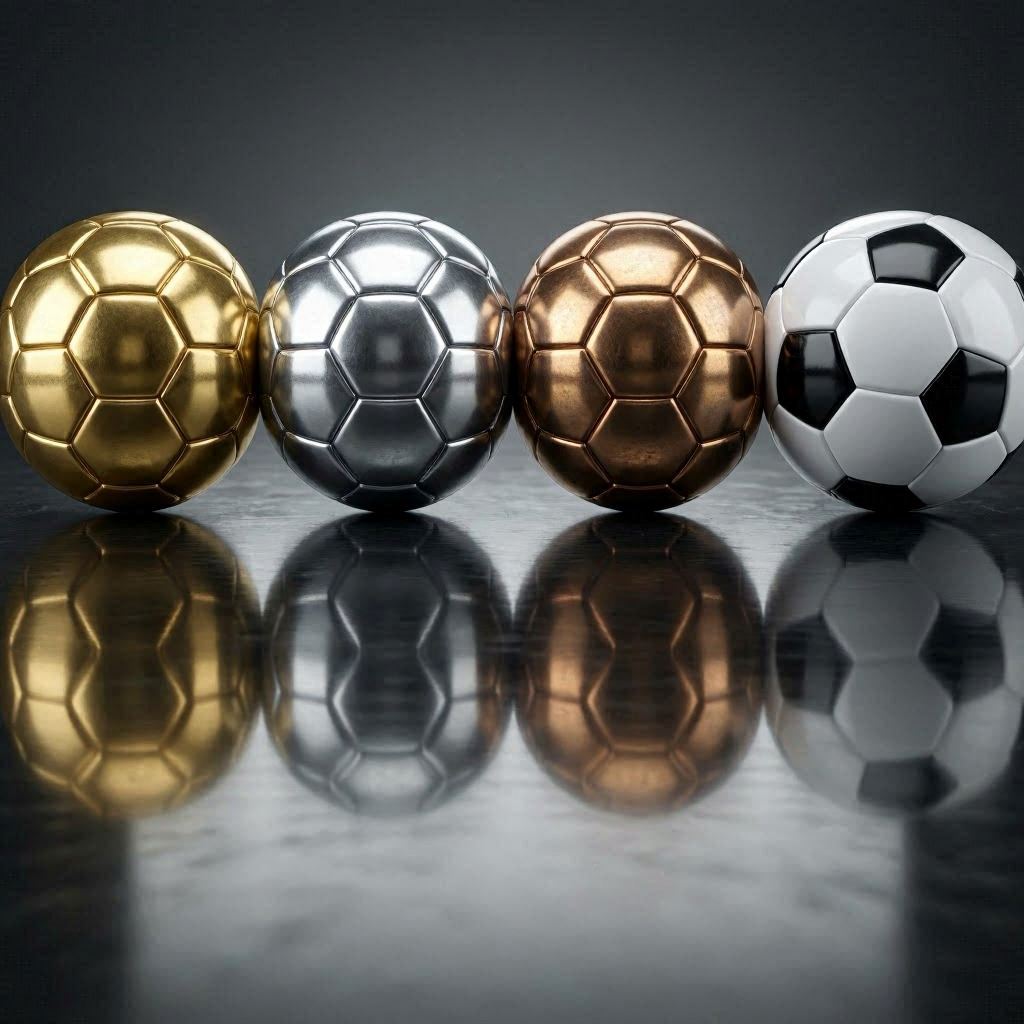 A set of four glossy metallic soccer balls in gold, silver, bronze, and classic black-and-white, arranged in a neat row on a reflective surface, illuminated by bright studio lights, rendered in ultra-realistic 3D with Octane Render for lifelike reflections.