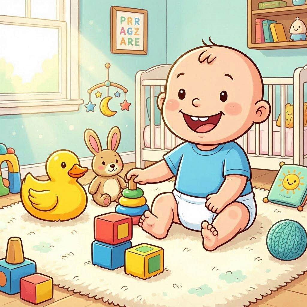 A happy baby boy with a round head, small tuft of hair, and big smile, dressed in a blue shirt and white diaper, sitting on a plush nursery rug surrounded by colorful toys, soft daylight streaming through a window, illustrated in playful cartoon clipart style.