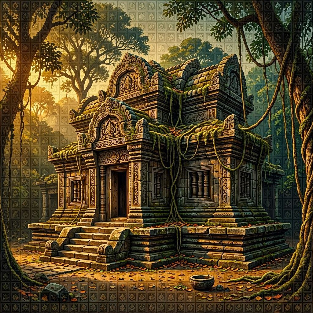 A stereogram magic eye artwork hiding a detailed 3D ancient stone temple surrounded by jungle vines, warm sunset tones casting long shadows, rich textures in the repeating pattern to enhance depth perception.